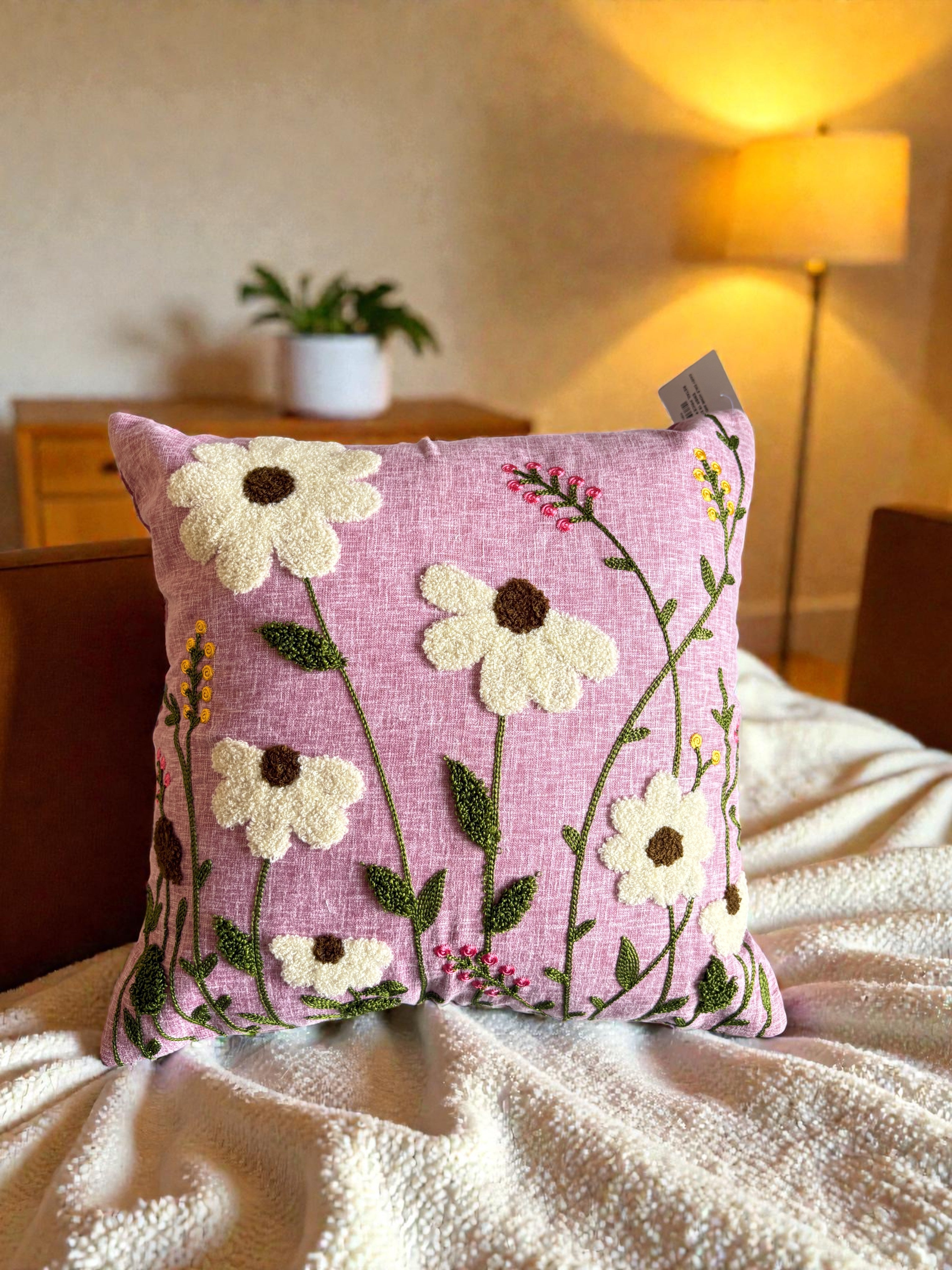 The Mauve Meadow Embroidered Pillow, 16x16