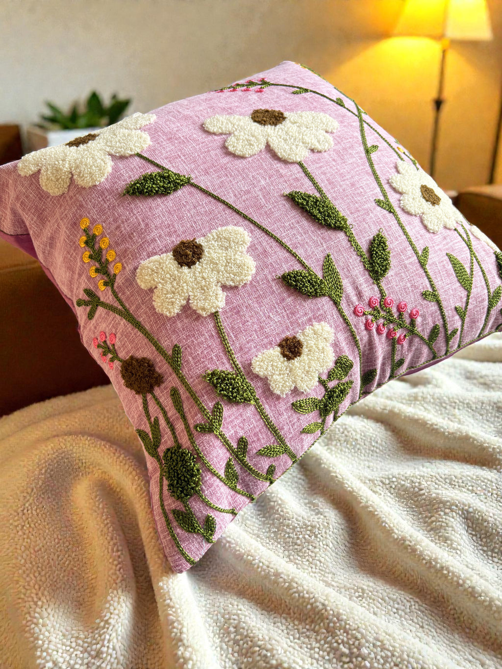 The Mauve Meadow Embroidered Pillow, 16x16