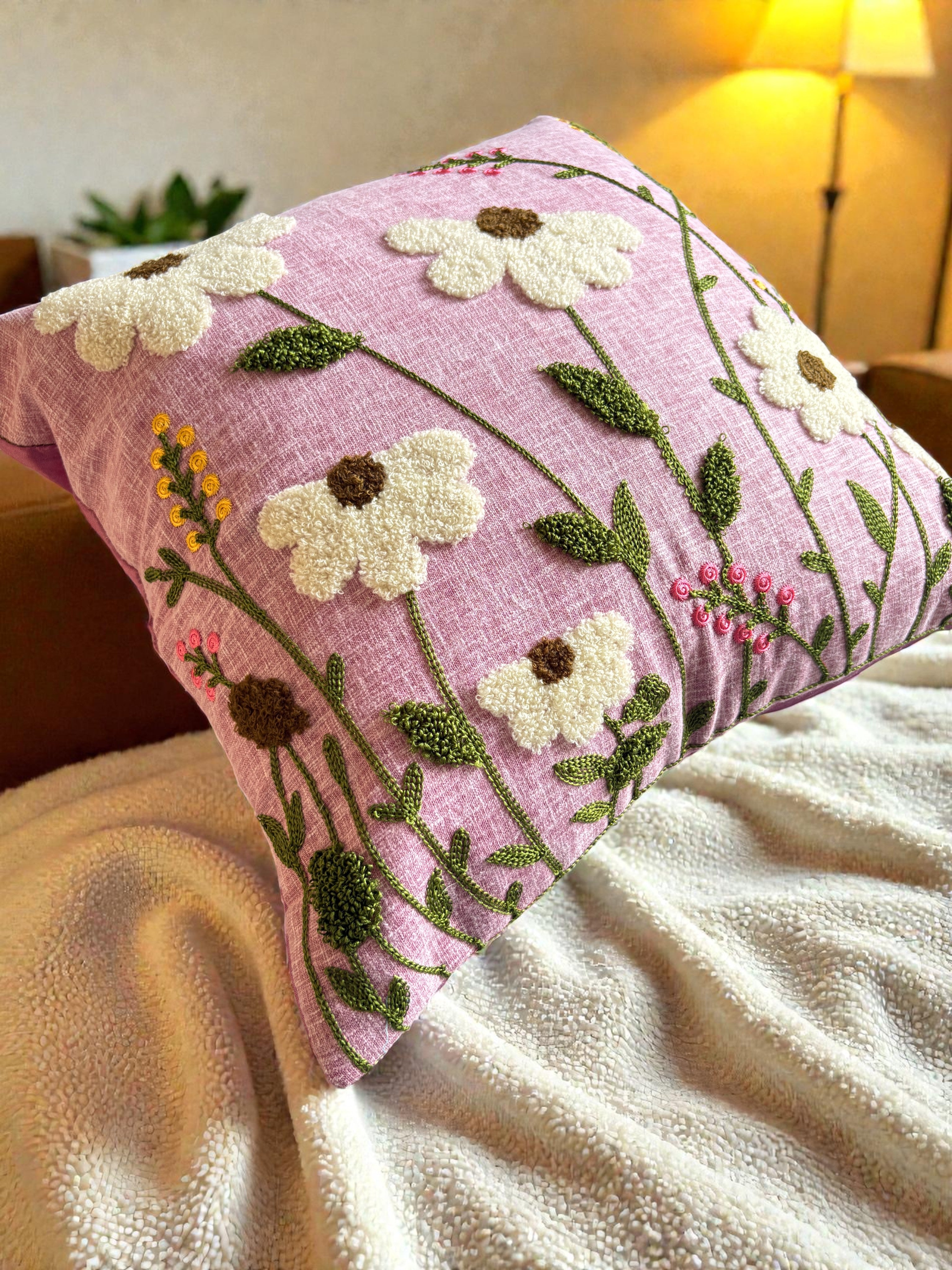 The Mauve Meadow Embroidered Pillow, 16x16