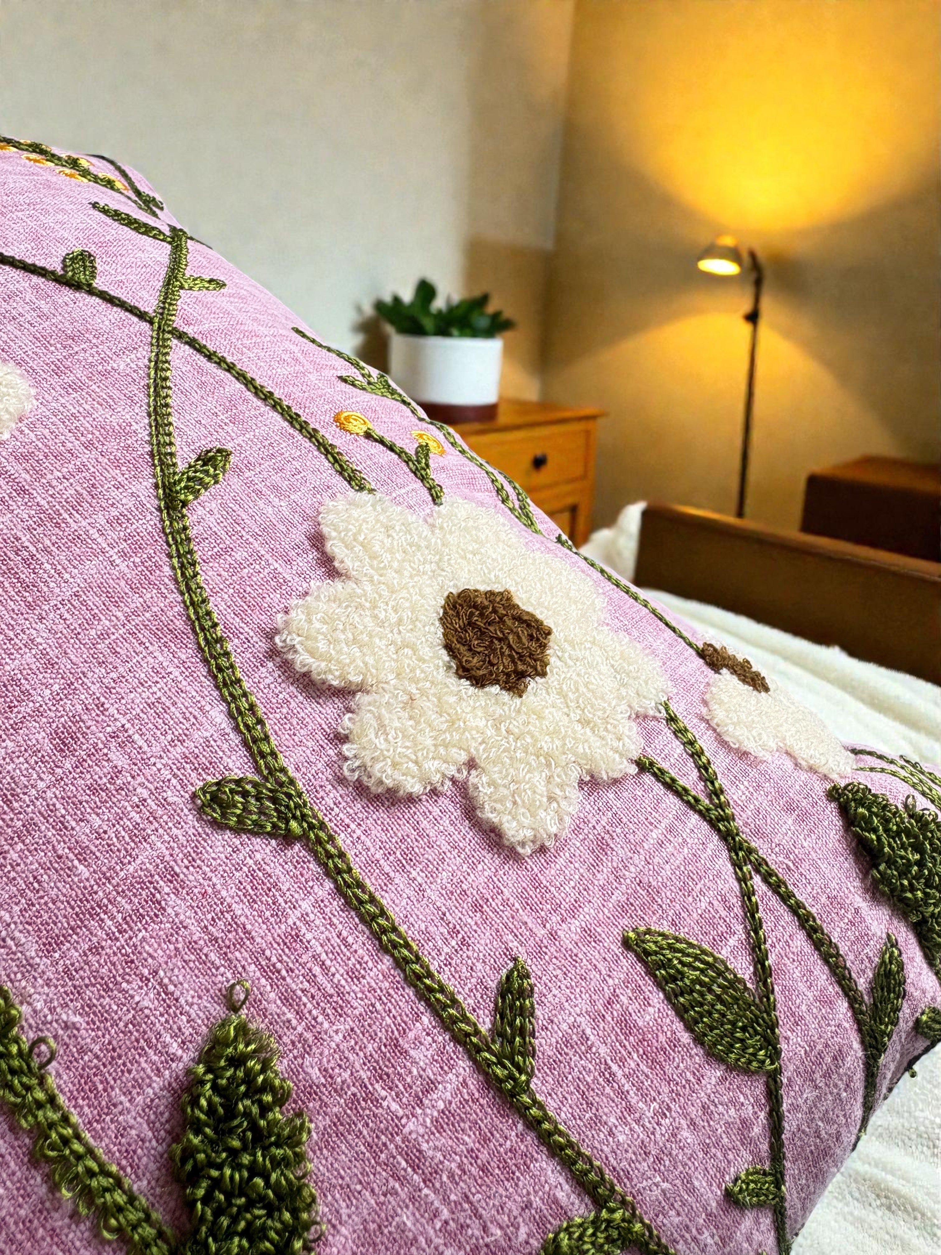 The Mauve Meadow Embroidered Pillow, 16x16