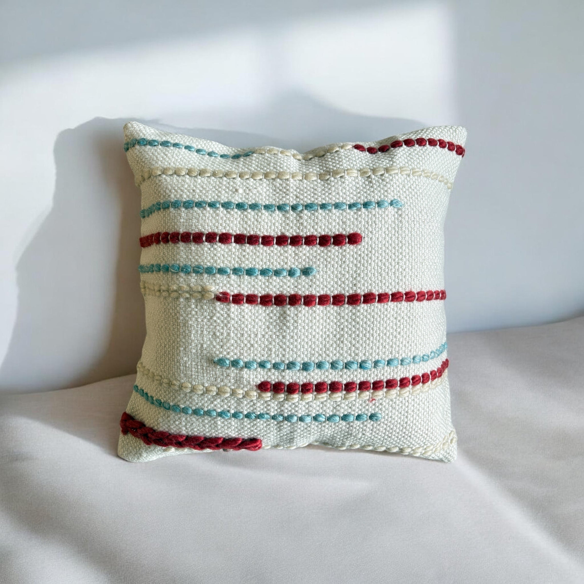 The Linear Rouge & Aqua Hand-Woven Pillow, 16x16