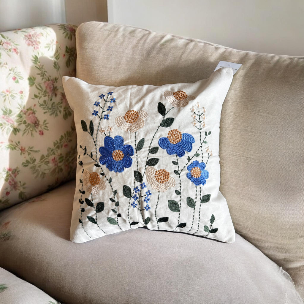 The Cornflower Meadow Embroidered Pillow, 16x16
